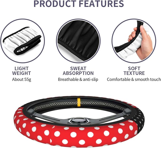 Cute Red Polka Dots Steering Wheel Cover with 2 Pack Car Seat Belt Covers and Car Seat Headrest Cover for Women