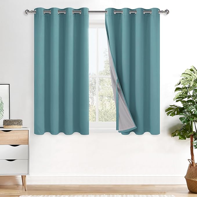 XWZO 100% Blackout Curtains with Tiebacks- Privacy Protection & Noise Blocking Window Draperies Grommet Top with Black Liner for Bedroom/Living Room, Stone Blue, W52 x L45, Set of 2
