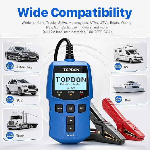 TOPDON BC100 Car Battery Tester 12V Automotive Battery Analyzer for Technicians & DIYers, 100-2000 CCA Digital Battery Load Tester, Fits Car, Truck, Motorcycle, ATV, SUV, Boat, Yacht, Golf Cart