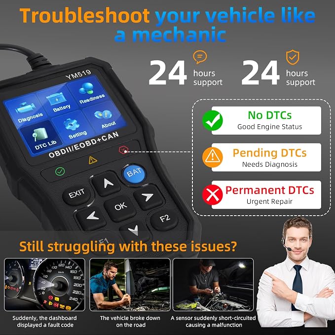 YM519 OBD2 Scanner Diagnostic Tool, Car Code Reader with Check Engine Light Reset, Automotive Engine Fault Code Scan Tool for All OBDII Cars Since 1996