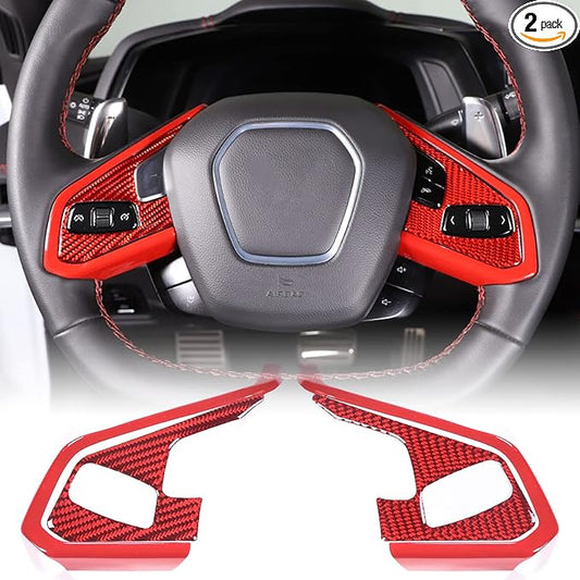 Steering Wheel Button Cover Compatible with Chevrolet Corvette C8 2020-2023, Steering Wheel Frame Trim, Car Steering Wheel Panel Protection Frame Molding Sticker (Matching red)