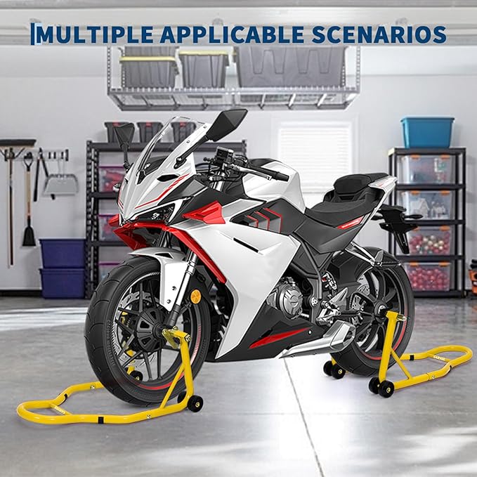 Garvee Motorcycle Stands Front and Rear, 900 LB Heavy Duty Front & Rear Wheel Lift Combo with Prong Adapters+L Adjustable Swingarm Spool, Universal Paddock Stands for Most Motorcycles, Yellow
