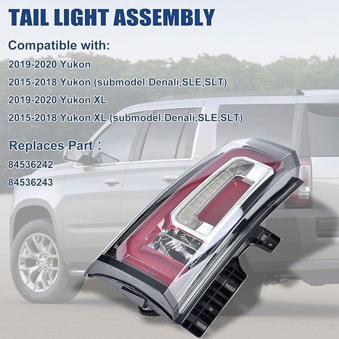 Tail Lights Assembly Compatible With GMC Yukon/Yukon XL 2015 2016 2017 2018 2019 2020 Left Driver Side LED Lens Taillights Brake Signal Assembly With Bulb