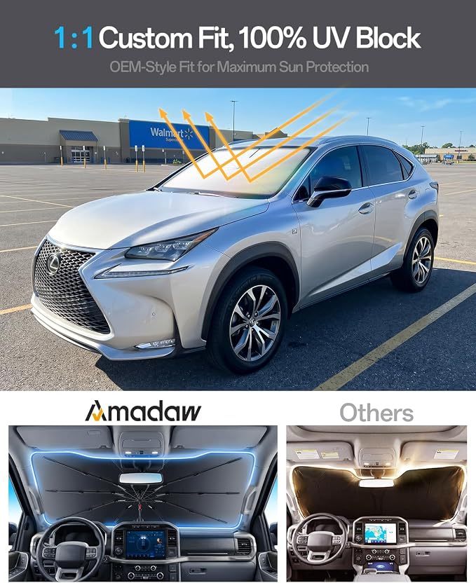 Windshield Sun Shade for Lexus NX200t /350/300/350/450 2015–2026, Foldable Umbrella Sunshade with 100% UV Block, Multi-Layer Heat Insulation, Reinforced 10-Rib Frame, Keeps Car Cooler