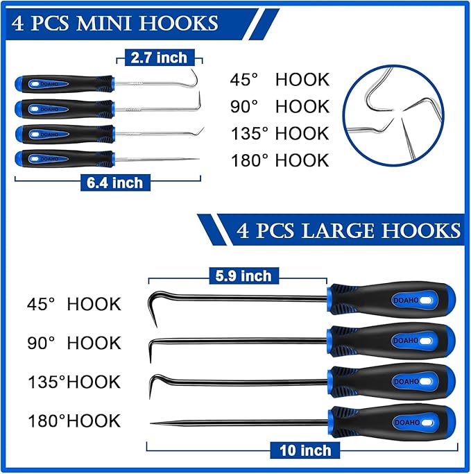 Doaho 15 Pcs Automotive Hook and Pick Tool & Trim Removal Tool Set with Scraper,Magnetic Telescoping,Plastic Pry for Auto Engine Oil Seal O-Ring Repair,Car Interior Panel and Fastener Removal