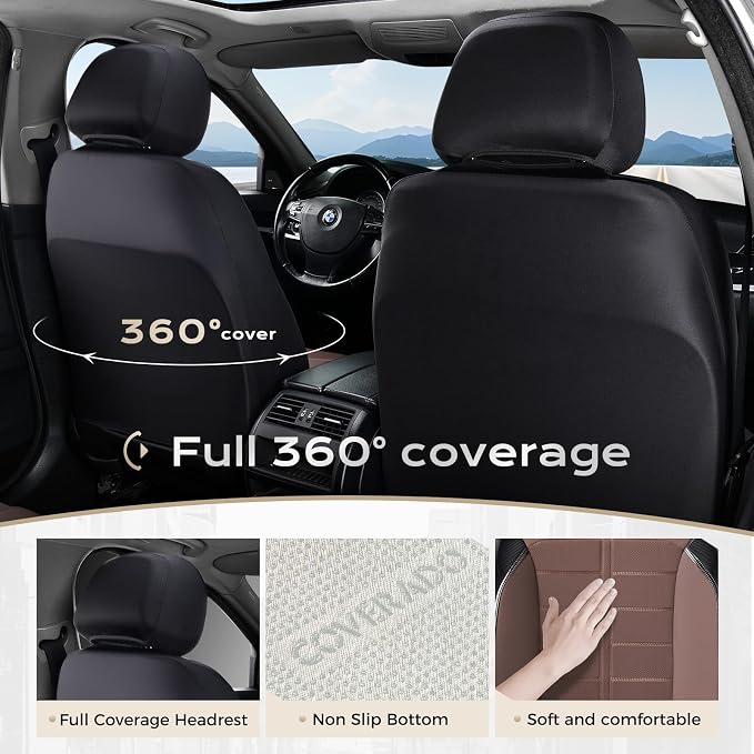 Coverado Front Seat Leather Covers, Full Leather Construction with Carbon Fibre Weave, Universal Fit for Most Cars SUV Trucks (Coffee)