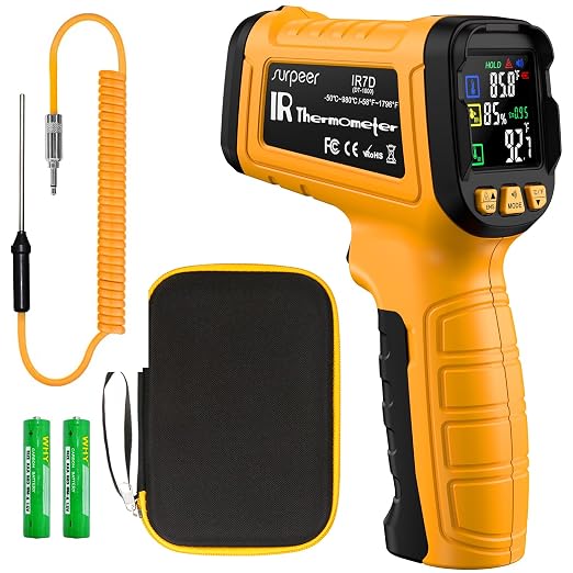 Infrared Thermometer Gun, Dual Mode, 50:1 D/S | -58°F-1796°F Surface Reading,-4°F to 932°F K-Type Probe, 13-Point Laser Accuracy, Humidity Monitoring, For HVAC & Pizza Ovens