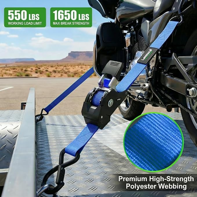 Retractable Ratchet Straps (4-Pack) - 1 Inch x 10 Feet (1,650lb Break Strength) - Heavy Duty Auto Self Retracting Tie Down Straps for Motorcycle, ATV, UTV, Truck, Cargo Trailer - Blue
