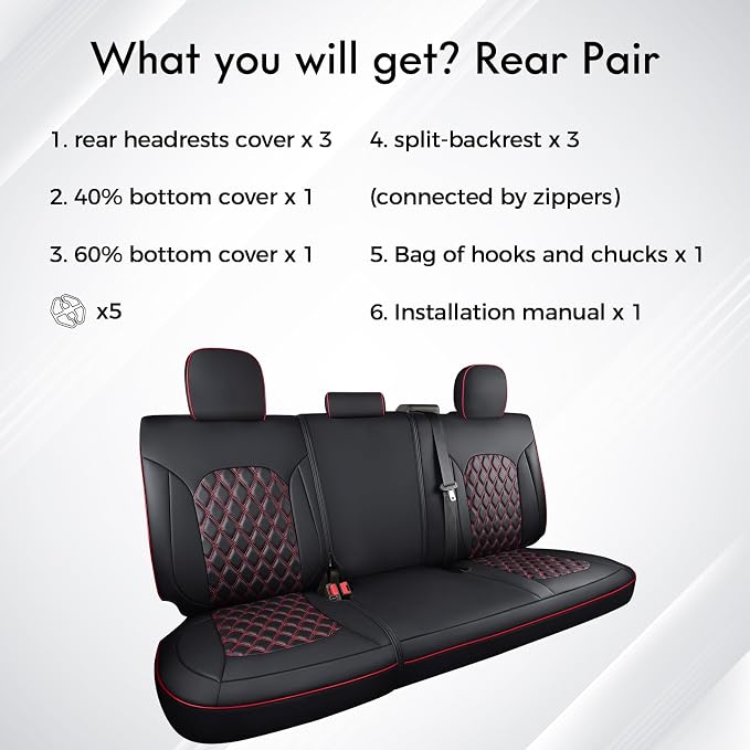 Huidasource Tundra Back Seat Covers for 2022 2023 2024 2025 2026 Toyota Tundra Rear Seat Covers, Nappa Leather Truck Seat Cover, Custom Cushion Protector, CrewMax/Double Cab Pickup(Rear/Black＆Red)