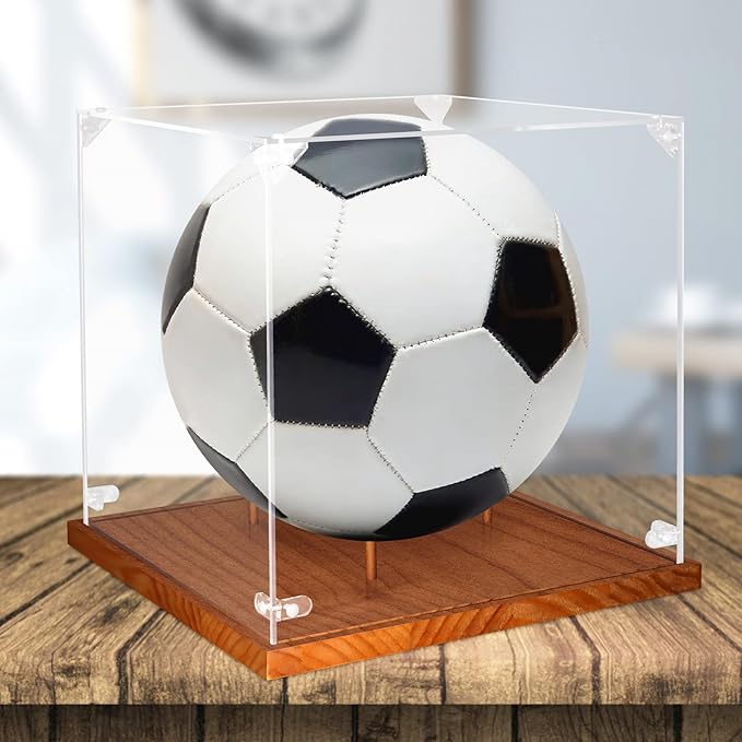 Clear Acrylic Soccer Ball Display Case with Wood Base & Tee, Memorabilia Stand Cube Holder, Dust Protection Transparent Storage Box for Single Ball Souvenir Soccer Ball Collections