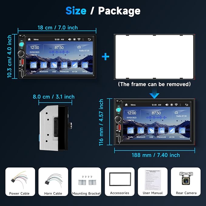 Upgraded Double Din Car Stereo with Wireless Carplay Android Auto, 7 Inch IPS Touch Screen Radio with Bluetooth 5.0, Mirror Link,FM, SWC, Dual USB Port+Type-C Charging +HD Backup Camera