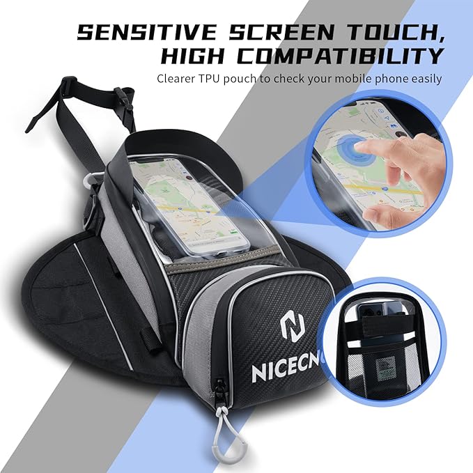 NICECNC Motorcycle Gas Tank Bag Magnetic, 6 Magnets & 5 Straps Reinforced, Detachable Anti-Slip Base Portable, Dirt Bike Tank Bag Storage Bag Muti-Functions for Men Women Cycling Hiking Camping