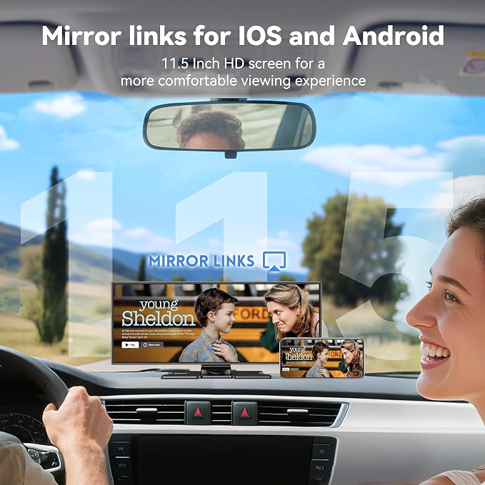 11.5" Extra Large Wireless Apple CarPlay Screen for Car, 4K Portable Car Play Screen & Android Auto HD Touch Screen, Dash Cam Front and Rear, App Control, Mirror Link, Voice Control, GPS, Bluetooth