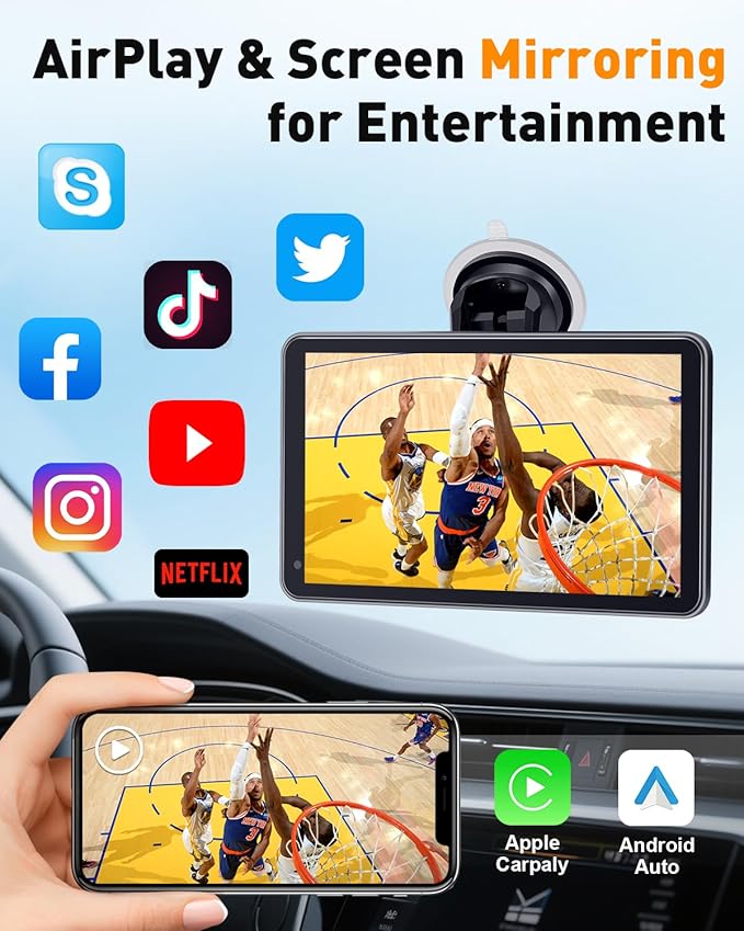7” Wireless Apple CarPlay & Android Auto Screen - Portable Car Display with AirPlay, Screen Mirroring, FM/AUX Audio, Easy to Install, Convenient Upgrade for Older Cars, Families, Commuters