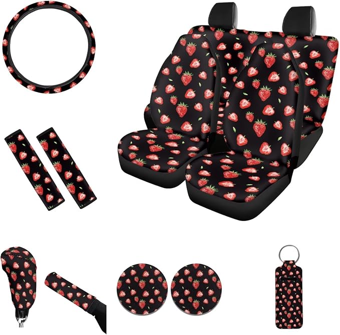 Strawberry Car Seat Covers for Women Cute Steering Wheel Cover Seatbelt Pad + Key Chains + Cup Coasters +Gear Shift Cover Washable Car Accessories Universal Fit Most Car SUV Van