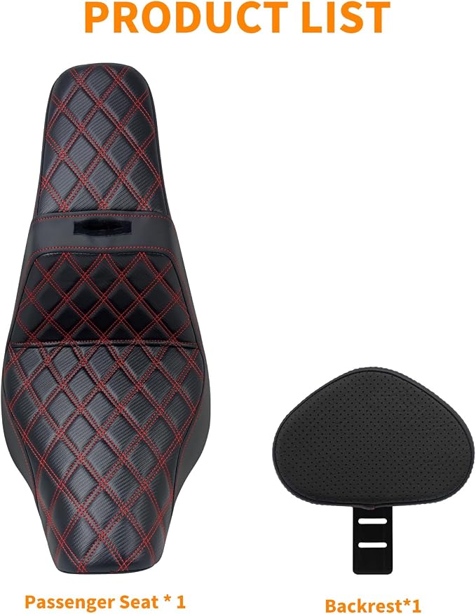 Motorcycles Driver Passenger Seat Cushion Pad One-Piece Seat Leather Pillion with Driver Backrest Fit for Harley Low Rider FXLR FXLRS Sport Glide FLSB 2018-2024 (Red Stitching)