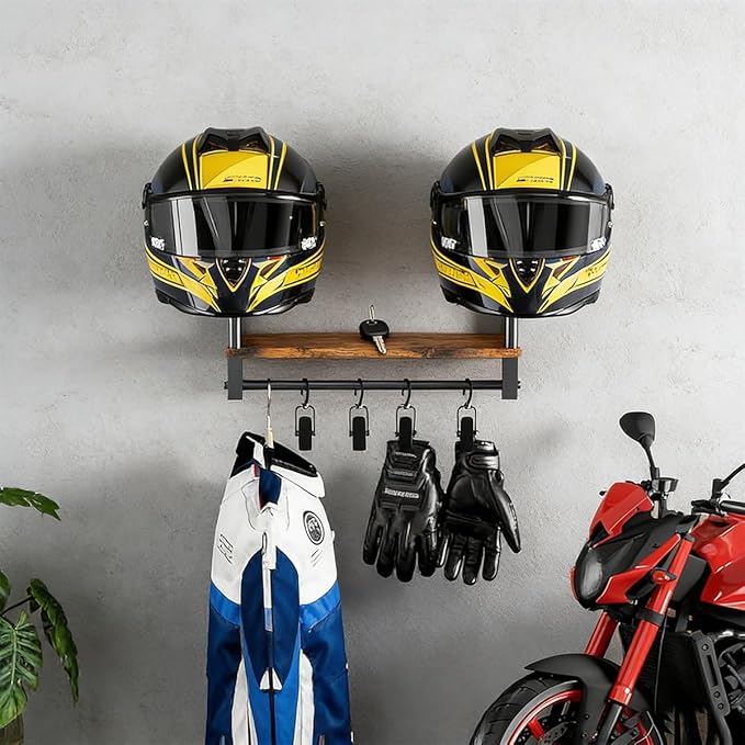Helmet Holder Wall Mount,Motorcycle Helmet Holder with 4 Hook Clips,Motorcycle Accessories for Gear Storage