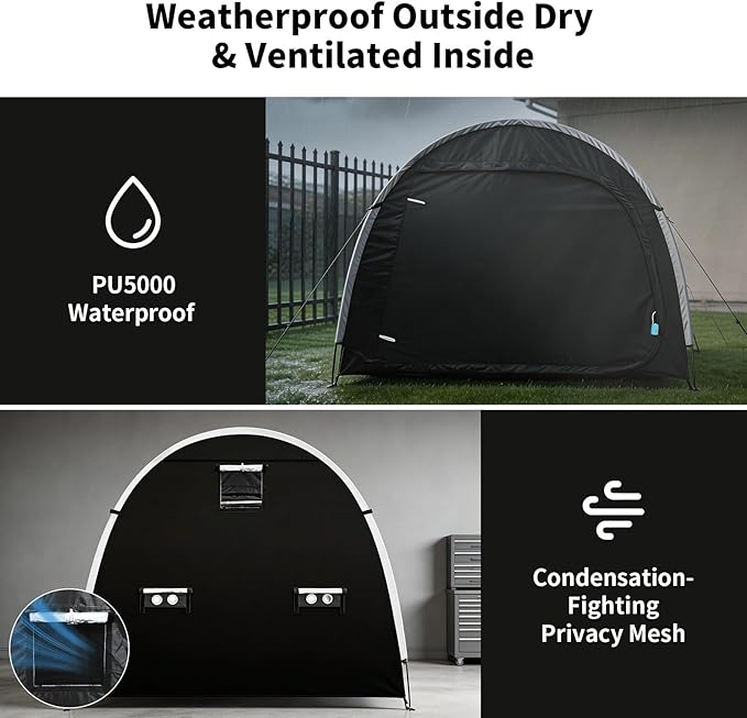 Anti-Theft Bike Storage Tent with Lockable Zipper & Security Eyelets, Upgraded PU5000 Waterproof Outdoor Storage Shed for 2-3 Bikes, Bicycle Motorcycle Garden Tools Shelter (80x32x68 Inches)