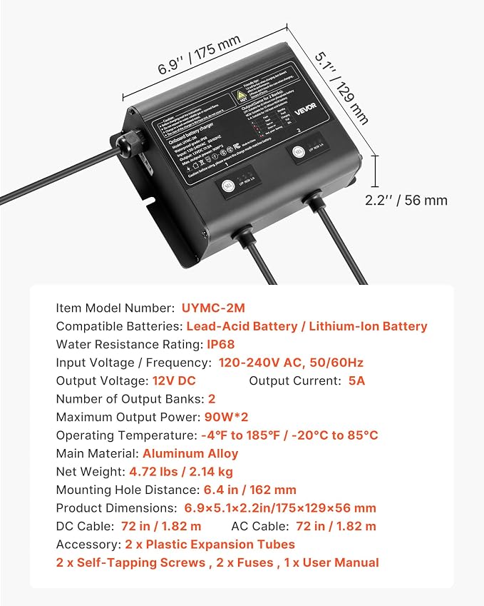 VEVOR 2 Bank Marine Battery Charger, 5A × 2, 12V Onboard Charger, IP68 Waterproof Smart Boat Battery Charger, for Lithium-Ion LiFePO4, NCM, Lead-Acid Batteries, Large Boat, Yacht, RV, Trailer