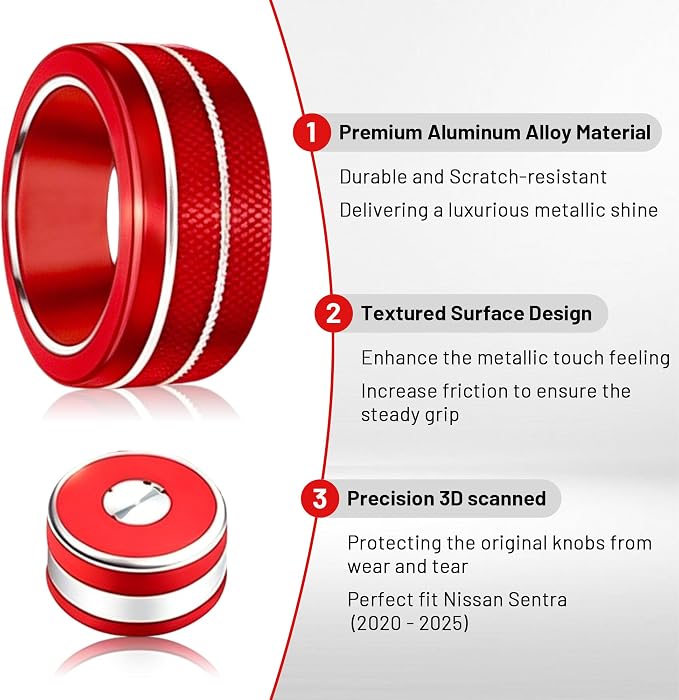Interior Decoration Accessories for Nissan Sentra (2020-2025) - 12-Pieces Aluminum Alloy Ring Knob Cover Trim, Fits Push Start, A/C, Air Vent, & Volume Tune, 12PCS Set, Red