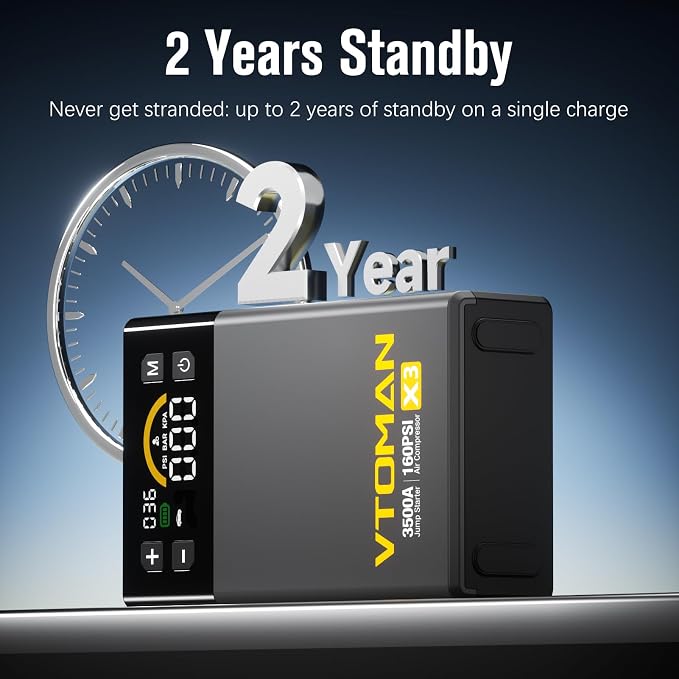 VTOMAN X3 Jump Starter with Air Compressor, 3500A Portable Car Battery Jumper Starter (9L Gas/8.5L Diesel Engines) with 160PSI Auto-Shutoff Tire Inflator, 12V Lithium Battery Booster Pack, Jump Box
