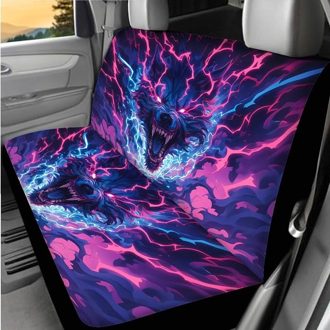 Cool Wolf Lightning Print Car Interior Accessories Set of 8, Car Seat Covers with Auto Steering Wheel Cover, Center Console Pad, Seat Belt Covers, Automotive Decorations
