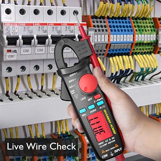 DC AC Clamp Meter 6000 Counts True RMS Digital Multimeter Amp Resistance Frequency Live Check V-Alert Continuity Voltage Tester with Back Clip