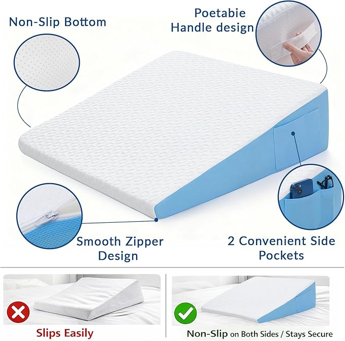 Wedge Pillow for Sleeping, 7.5" Bed Wedge After Surgery, Back Pain Relief, Memory Foam Pillow Triangle Incline Wedge for Back Support, Leg Elevation