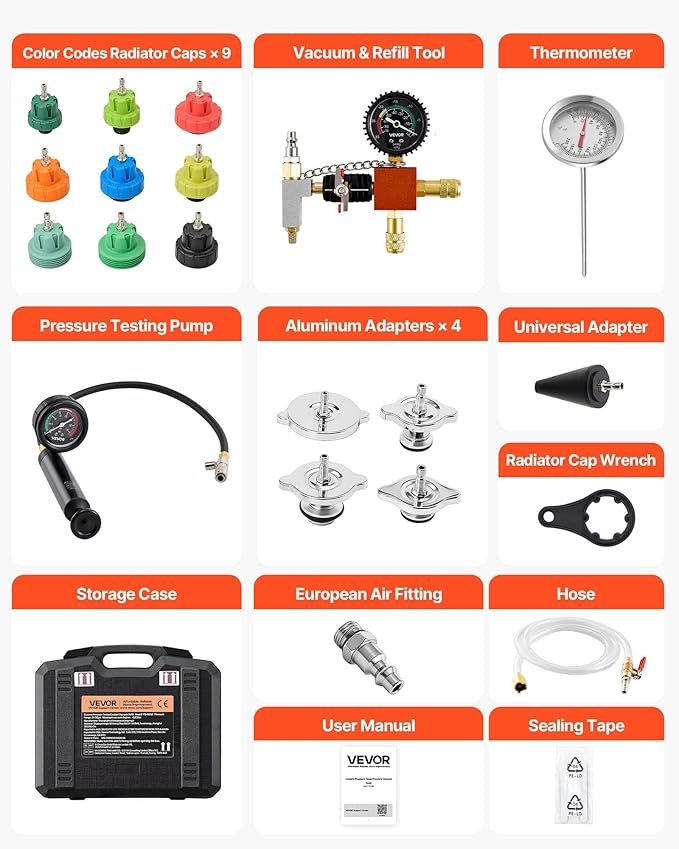 VEVOR Coolant Pressure Tester Kit, 28Pcs Radiator Vacuum Refill Kit with 4 Adapters, Universal Fit, Automotive Cooling System Pressure Tester Kit, with Pressure Pump & Aluminum Alloy Purge Filler