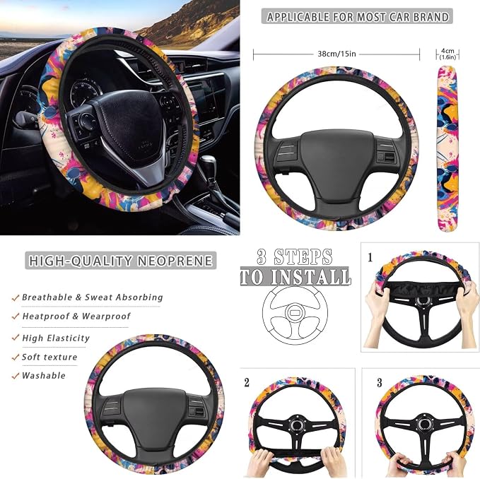 Howilath 10 Piece Universal Fit Dog Paw Graffiti Car Front Seat Covers Set with Steering Wheel Cover/Seatbelt Pads/Armrest Cushion/Keychain/Car Coasters, Easy to Install