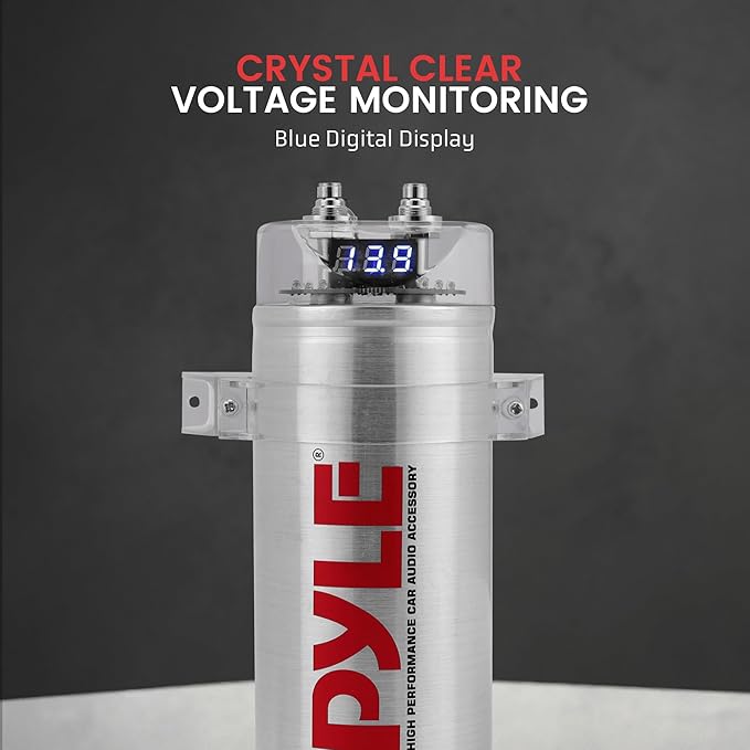 Pyle 3.2 Farad Digital Power Capacitor - High-Performance Car Audio, LED Display, Electronic Polarity Protection, Over Voltage Protection, Mounting Hardware and Post Kits, 2.9"x9.7"