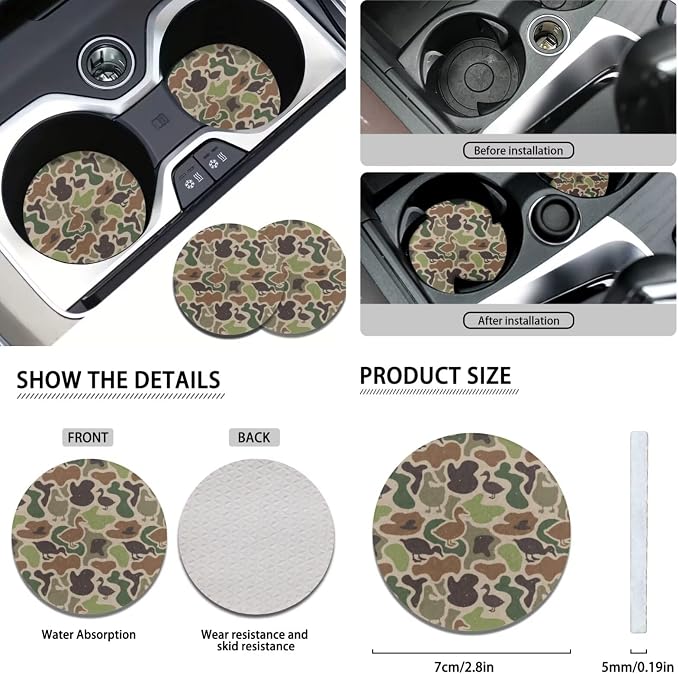 KEIAHUAN Duck Camo Hunting Car Seat Cover Full Set 11 Pieces Green Front & Back with Handbrake Cover Gear Shift Cover,Steering Wheel Cover,Stretchy Headrest Cover,Auto Cup Coasters Universal Fit