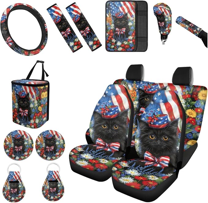 Forchrinse Black Cat Car Seat Covers for Women 15Pcs US Flag Auto Interior Cover Set with Steering Wheel Cover,Armrest Seatbelt Pads,Garbage Can,Coaster,Keychain Fit for SUVs Trucks