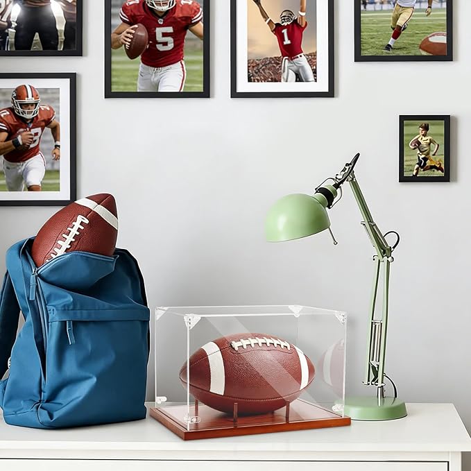 Clear Acrylic Football Display Case with Wood Base & Tee, Memorabilia Stand Cube Holder, Dust Protection Transparent Storage Box for Single Ball Souvenir Football Collections