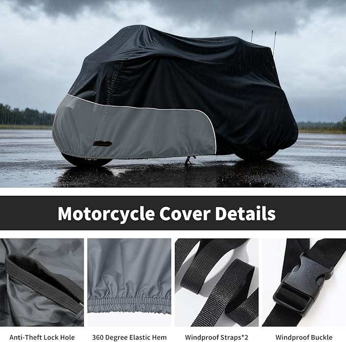 Motorcycle Cover Heavy Duty Waterproof, for Motorcycle with Side+Top Box, Compatible with Harley Davidson Ultra Ltd, Road Glide Ltd, Honda Goldwing, BMW, Indian Motorcycle Accessories, Black/Grey