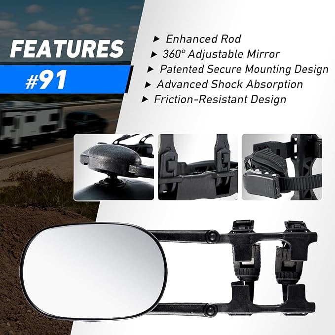 MG91 Dual-Arm Towing Mirrors for Trucks, SUVs, RVs & Trailers | Military Green finish with two securing straps and a rubber strap to help reduce vibration and keep mirrors steady.