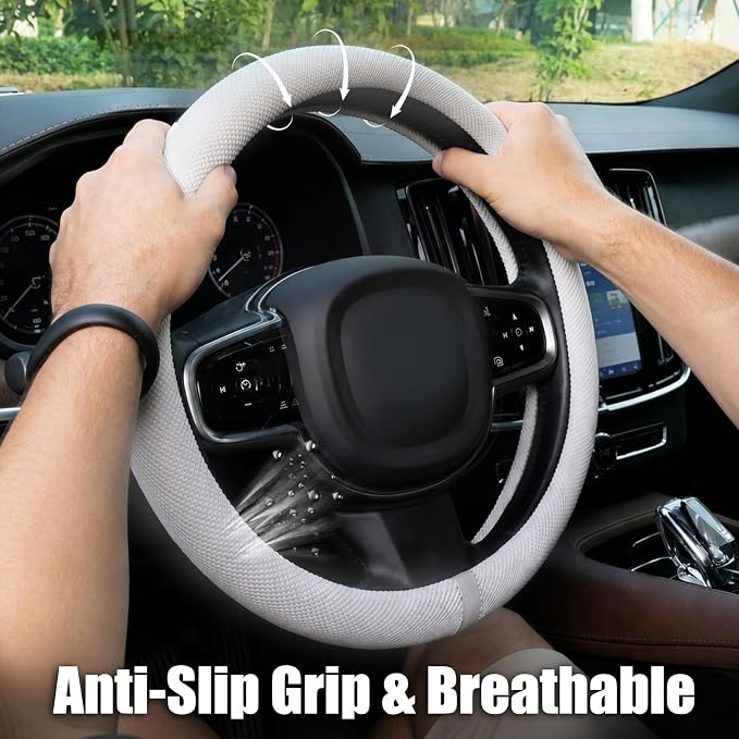 Universal 15 Inch Steering Wheel Cover for Cooling, Non-Slip Breathable Cooling Car Steering Wheel Cover with Upgraded Silicone Inner Ring for Round/D Shape, Warm in Winter Cool in Summer, White Gray