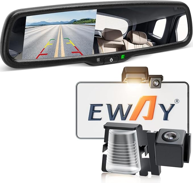 EWAY 4.3" LCD Mirror Monitor License Plate Mount Backup Reverse Camera for Jeep Wrangler JK JKU 2007-2018 Rear View Cameras, Rearview Reversing Interior Mirror Replacement