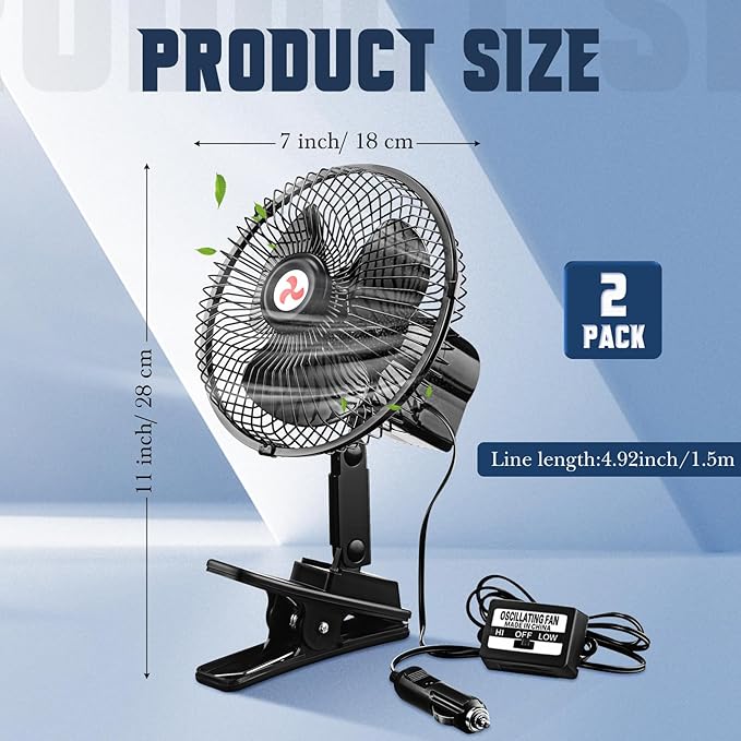 Tujoe 7" Portable Car Fan with Cigarette Lighter Electric Cooling - 12 Volt Oscillating Automobile Fan, 360 Degree Swivel with Clip for Truck Camping Supplies, Black (2 Pcs)