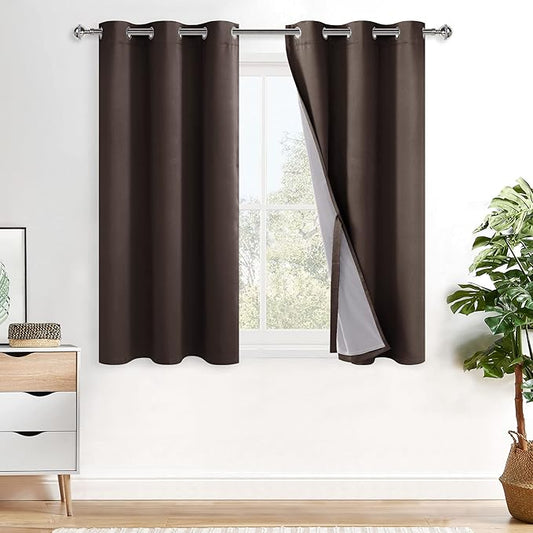 XWZO 100% Blackout Curtains 54 Inches Long with Tiebacks- Thermal Insulated & Energy Efficiency Window Draperies Grommet Top with Black Liner for Basement, Brown, W38 x L54, Set of 2