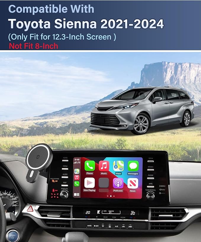 PZK Car Phone Holder for Toyota Sienna 2021-2024 XLE/XSE/Limited/Platinum Accessories 12.3-Inch Screen Fixed Clip Magnetic 15W Fast Wireless Charger Phone Mount with Sunglasses Storage Box 360° Rotate