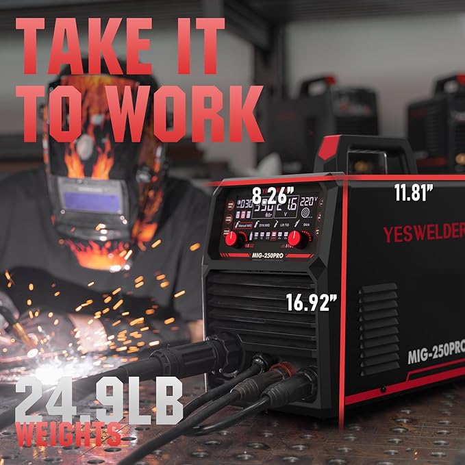 YESWELDER 250A MIG Welder, 110V/220V Dual Voltage, MIG/Pulsed MIG/Flux Core/Spool Gun MIG/Lift TIG/Stick 6-In-1 Multiprocess Advanced Digital Display Aluminum Welding Machine