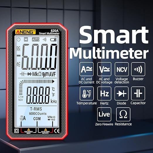 Digital Multimeter, Voltmeter Smart Electrical Tester 6000 Counts with LCD, Measures AC/DC Current, Voltage, Resistance Temperature for Electricians DIY (620A Red)