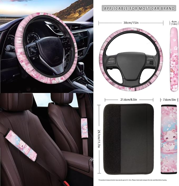 Cute Axolotl Print Car Accessories Seat Covers Full Set Cherry Blossom Print Car Front Back Seat Cover Steering Wheel Cover Safety Belt Pads Car Rear View Mirror Protector