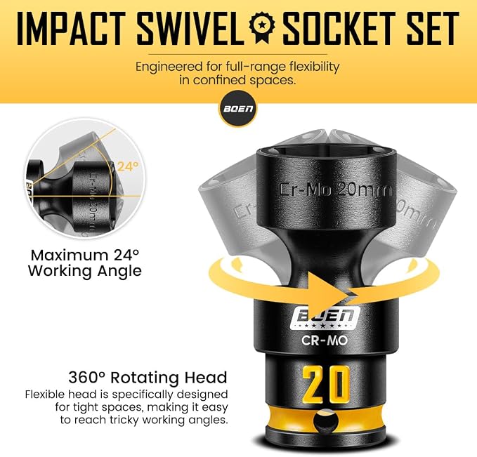 BOEN Pro 3/8" Inch Drive Impact Swivel Socket set, 16-Pieces Metric(8-24mm), 6-Point Shallow Universal Wobbly Sockets With Painted Marking, Cr-Mo, Include EVA, Fit Into Tight and Narrow Spaces