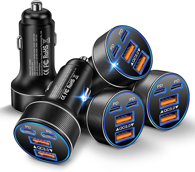 Canjoy 90W Car Charger USB C, 4-Port Super Fast Charging Cigarette Lighter Plug, Dual 45W USB-C & USB-A Car Charger Power Adapter for iPhone 17 16 15 14 13 12, iPad, Galaxy, Tablet, Android (5 Pack)
