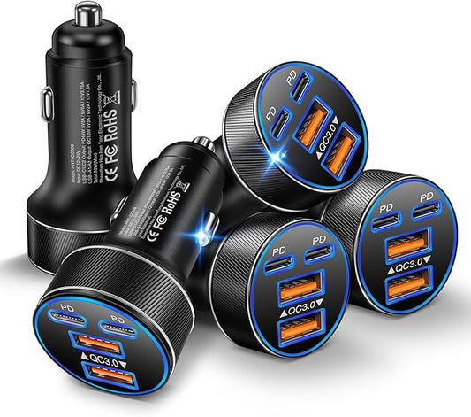 Canjoy 90W Car Charger USB C, 4-Port Super Fast Charging Cigarette Lighter Plug, Dual 45W USB-C & USB-A Car Charger Power Adapter for iPhone 17 16 15 14 13 12, iPad, Galaxy, Tablet, Android (5 Pack)
