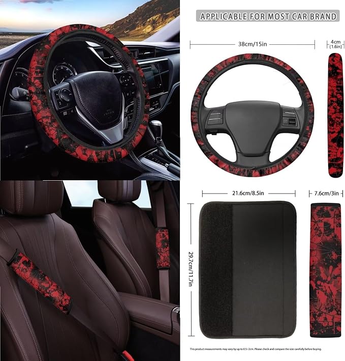 Wanyint Bloody Print Cobweb Car Seat Cover Split Covers for Women Men, Car Steering Wheel Cover Seat Belt Pads Trash Bin Mount Phone Holder Rearview Mirror Cover Cup Holder Wrist Key Chain, 15 PCS Set