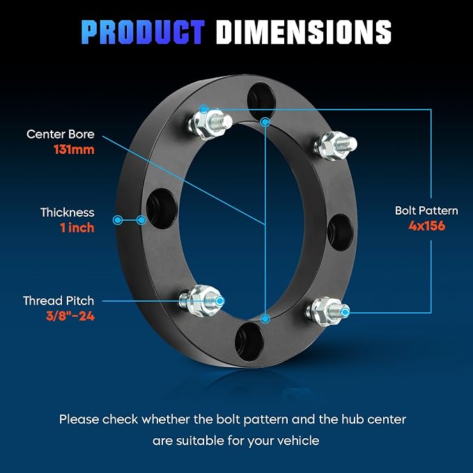 Youxmoto 4x156 1 inch ATV Wheel Spacers Fit for Polaris Diesel Ranger Sportsman Xplorer, Fit for Kawasaki KEF300 KSF250 KXF250, 131mm Hub Bore Wheel Adapters with 3/8"-24 Studs, 4PCS