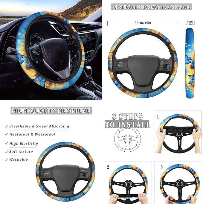 Sunflower Butterfly Print Car Seat Covers Full Set with Auto Steering Wheel Cover Car Armrest Pad Protectors Auto Seat Belt Pads, Automotive Interior Accessories - 8 Pack